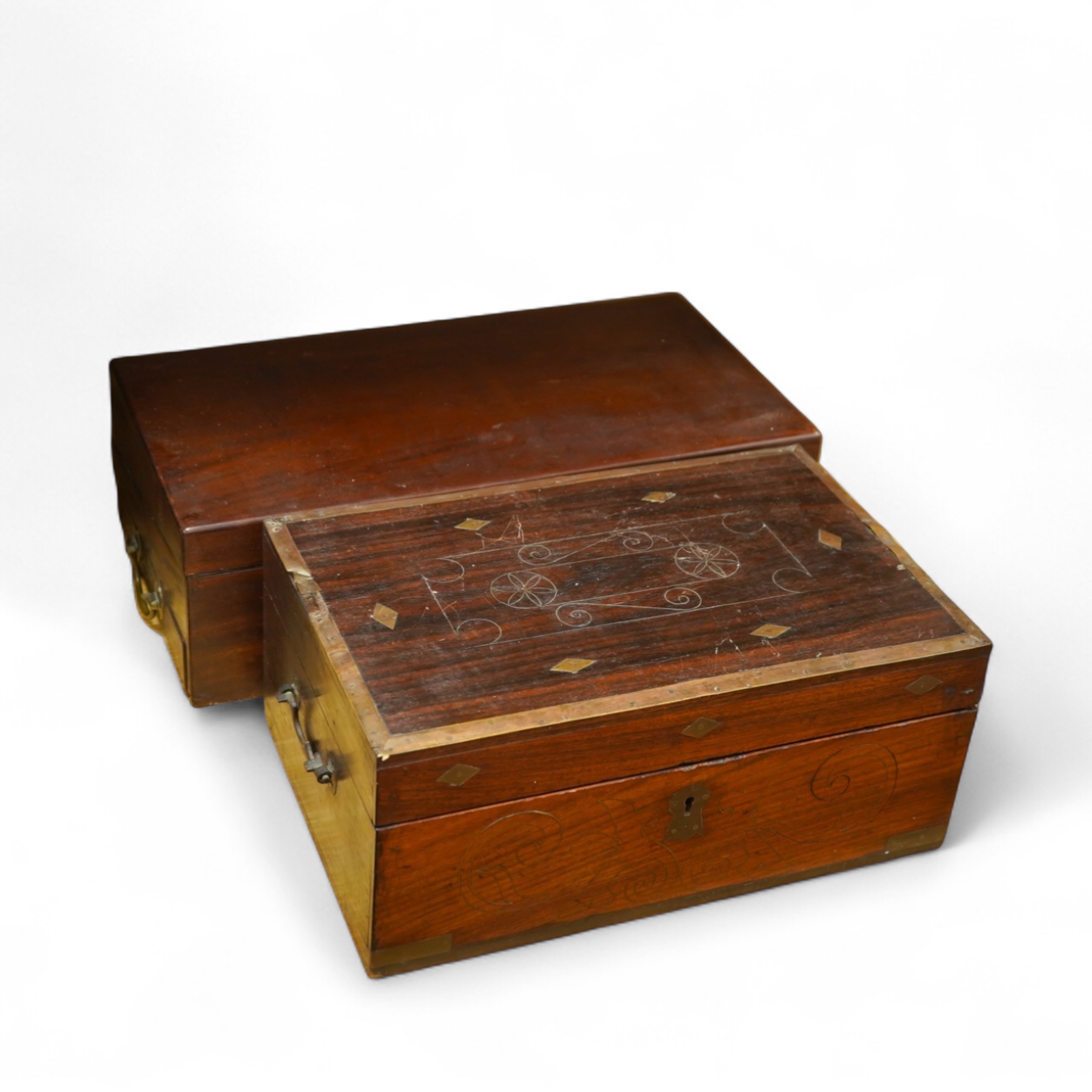 A 19th century brass inlay rosewood writing box an mahogany writing box, 42cm wide x 18cm high